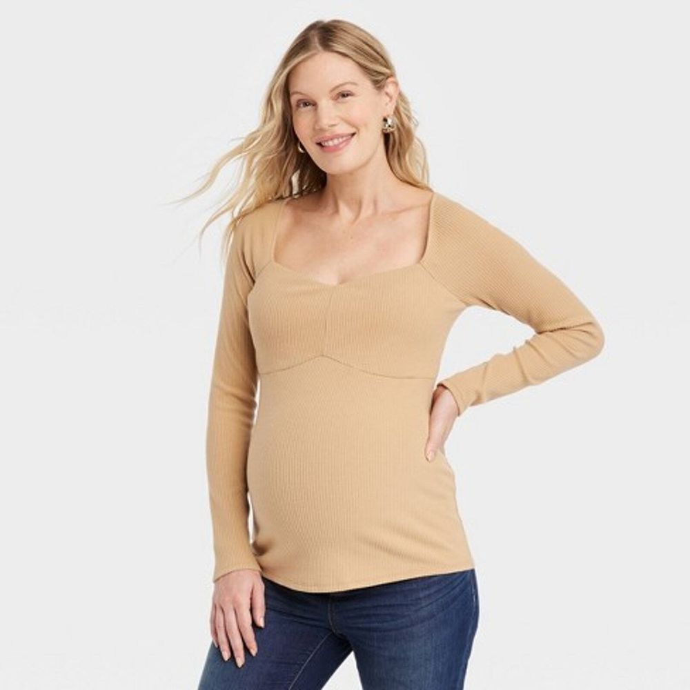Maternity Soft Stretch Long Sleeve Ribbed Knit Top- Ingrid & Isabel, Tan XS